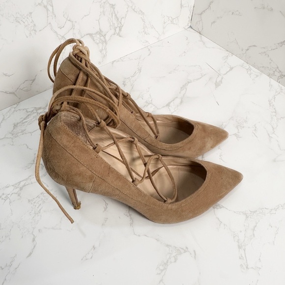 Raye Taylor Suede Lace Up Pumps Pointed Toe Brown Tan Size 40 US 10 - Picture 1 of 9
